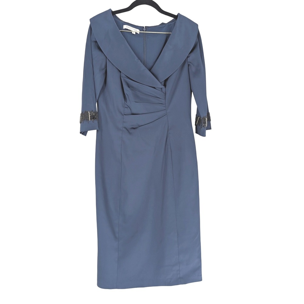 Kay Unger Sheath Dress Women 4 Blue Excellent Portrait Collar Beaded Cocktail